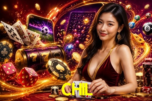 Escena dinámica inspirada en casino con iluminación CHIL, cartas, fichas e íconos de juegos digitales en un espacio moderno de juegos.