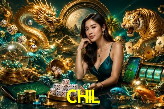Una escena digital vívida inspirada en casino con CHIL mostrado prominentemente, luces brillantes, fichas, cartas y acentos dorados.