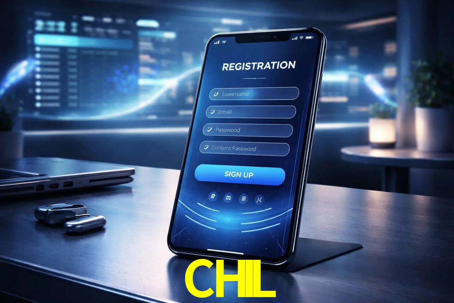Una interfaz moderna de registro móvil para CHIL mostrada en un smartphone con un panel de apuestas elegante.